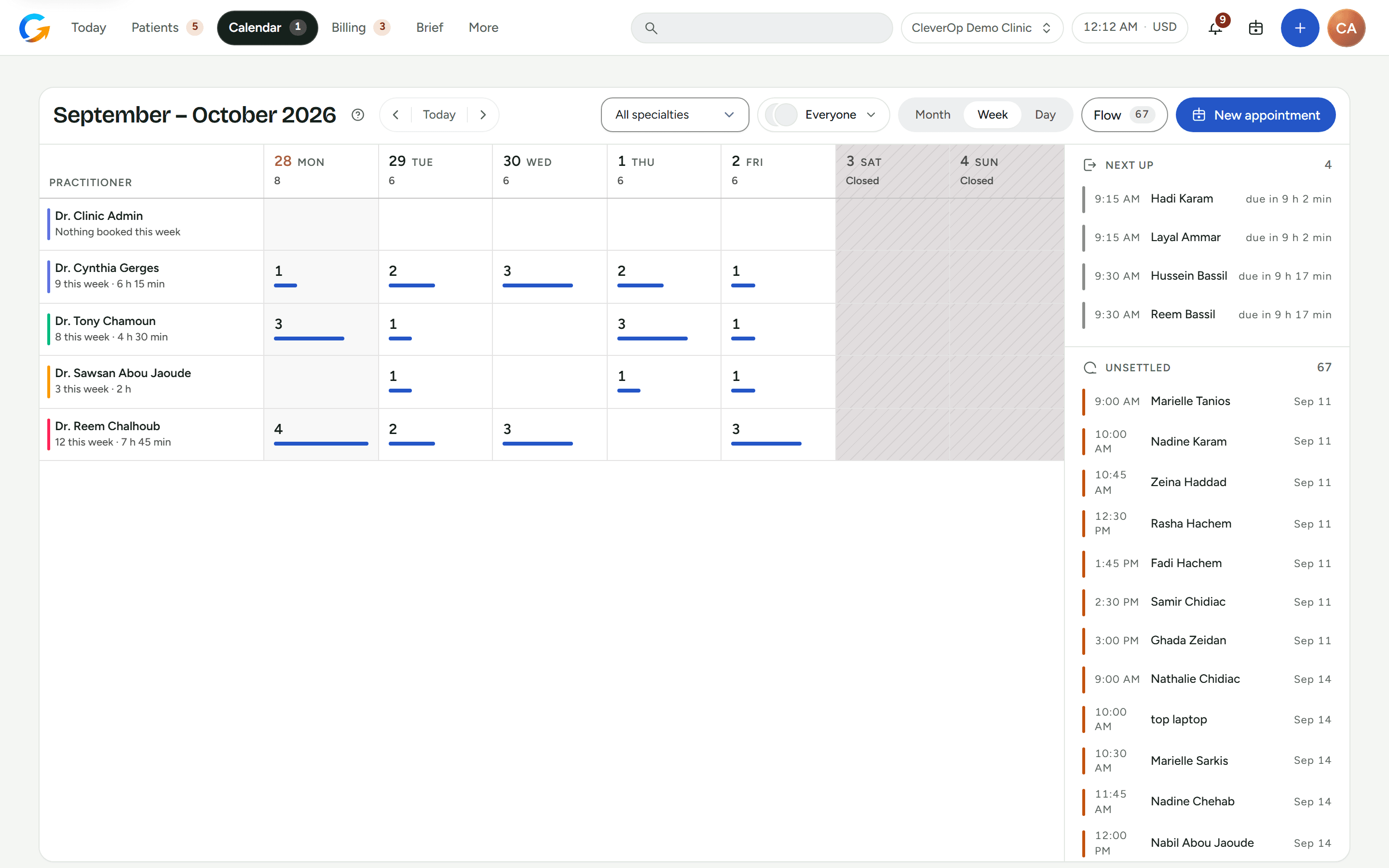 Week calendar showing each practitioner’s load per day, next arrivals and unsettled past appointments.