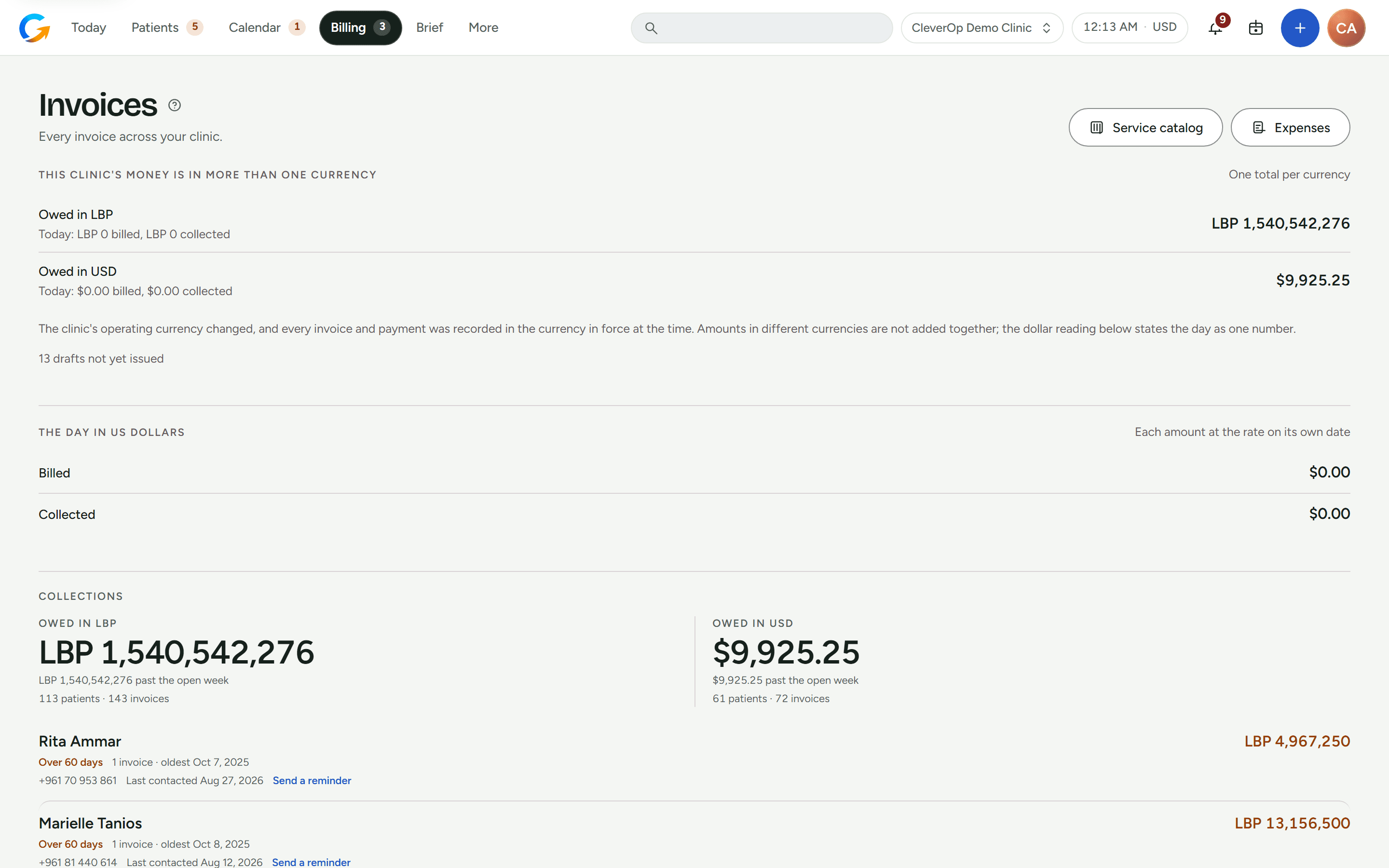 Billing overview with amounts owed shown separately per currency.