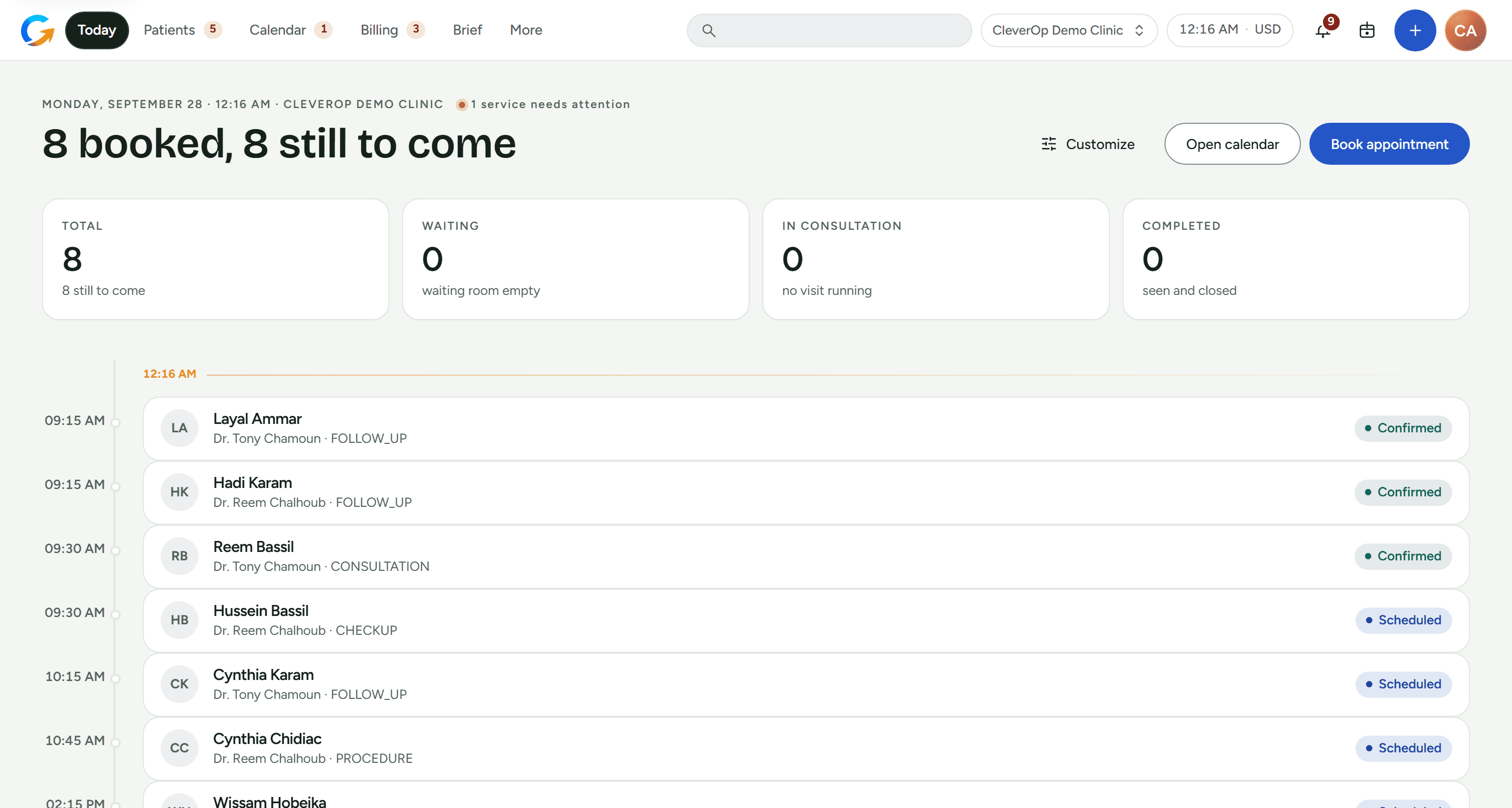 CleverOp Clinic Today view: the day’s appointments on a timeline with waiting, in-consultation and completed counts.