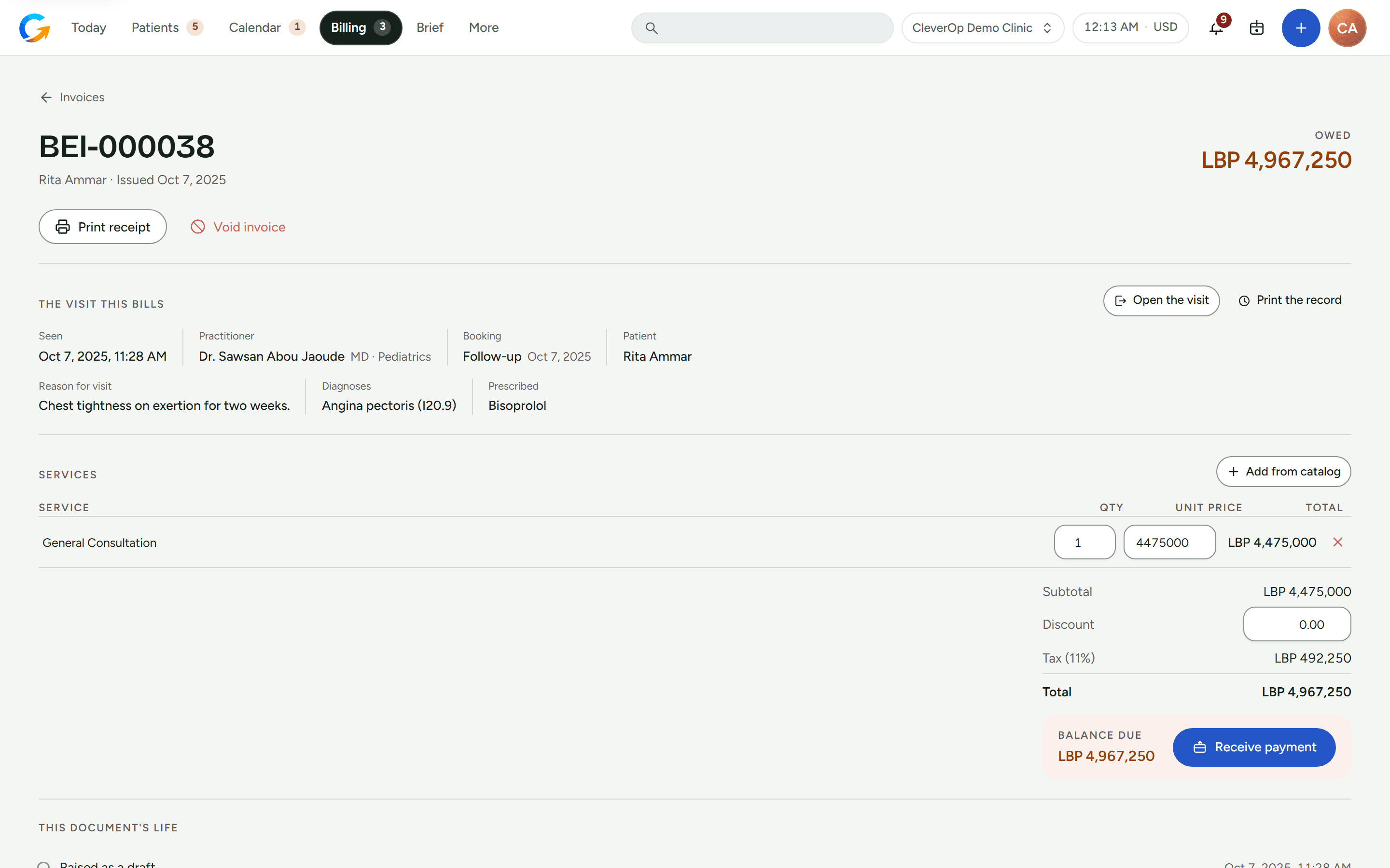 Invoice raised from a visit, with services, tax, total and balance due.