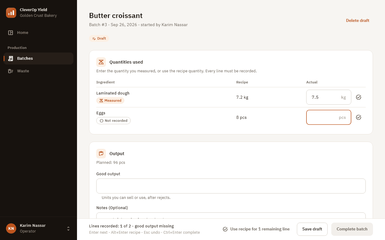 Operator batch entry screen with measured quantities and keyboard shortcuts.